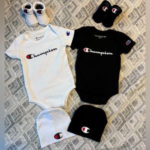 Champion hat, onesie & bootie sets. Size 0-6M